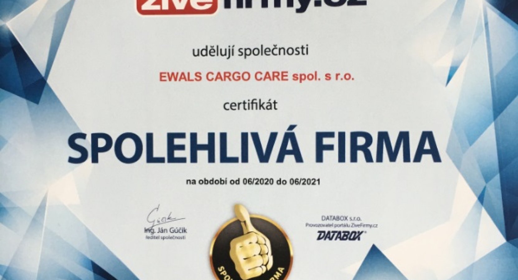 Opět jsme získali certifikát - Spolehlivá firma